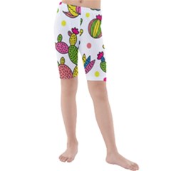 Cactus Seamless Pattern Background Polka Wave Rainbow Kids  Mid Length Swim Shorts by Mariart
