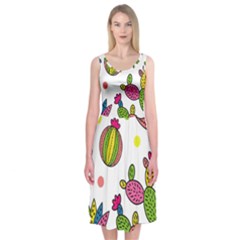 Cactus Seamless Pattern Background Polka Wave Rainbow Midi Sleeveless Dress by Mariart