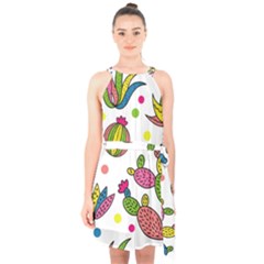 Cactus Seamless Pattern Background Polka Wave Rainbow Halter Collar Waist Tie Chiffon Dress by Mariart