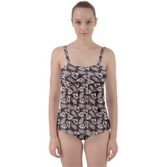 Dried Leaves Grey White Camuflage Summer Twist Front Tankini Set by Mariart