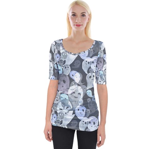 Ghosts Blue Sinister Helloween Face Mask Wide Neckline Tee by Mariart