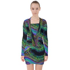 Aurora Wave Colorful Space Line Light Neon Visual Cortex Plate V-neck Bodycon Long Sleeve Dress by Mariart