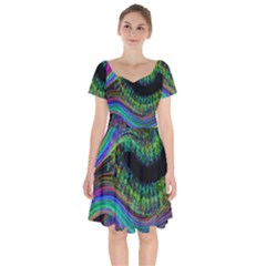 Aurora Wave Colorful Space Line Light Neon Visual Cortex Plate Short Sleeve Bardot Dress by Mariart