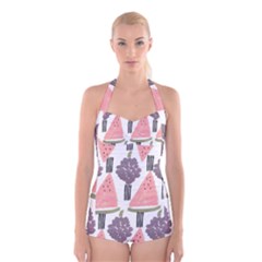 Grapes Watermelon Fruit Patterns Bouffants Broken Hearts Boyleg Halter Swimsuit 