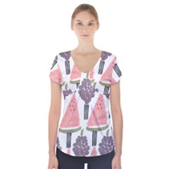 Grapes Watermelon Fruit Patterns Bouffants Broken Hearts Short Sleeve Front Detail Top