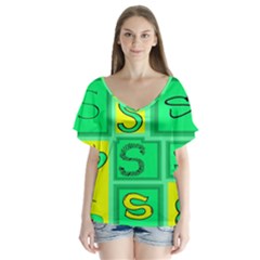 Letter Huruf S Sign Green Yellow V-neck Flutter Sleeve Top by Mariart