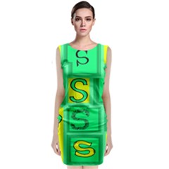 Letter Huruf S Sign Green Yellow Sleeveless Velvet Midi Dress
