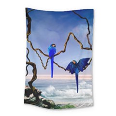 Wonderful Blue  Parrot Looking To The Ocean Small Tapestry by FantasyWorld7