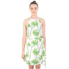 Marimekko Fabric Flower Floral Leaf Halter Collar Waist Tie Chiffon Dress