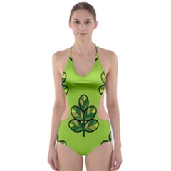 Seamless Background Green Leaves Black Outline Cut-out One Piece Swimsuit by Mariart