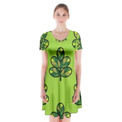 Seamless Background Green Leaves Black Outline Short Sleeve V-neck Flare Dress by Mariart