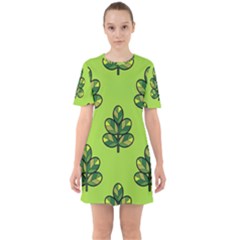 Seamless Background Green Leaves Black Outline Sixties Short Sleeve Mini Dress by Mariart