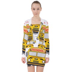 Back To School - School Bus V-neck Bodycon Long Sleeve Dress by Valentinaart