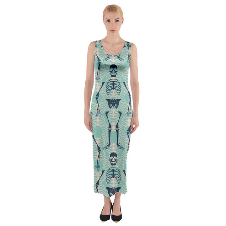 Skull Skeleton Repeat Pattern Subtle Rib Cages Bone Monster Halloween Fitted Maxi Dress