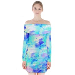 Transparent Colorful Rainbow Blue Paint Sky Long Sleeve Off Shoulder Dress by Mariart