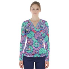 Donuts Pattern V-neck Long Sleeve Top by ValentinaDesign