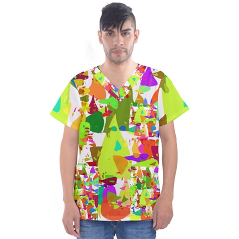 Colorful Shapes On A White Background                              Men s V-neck Scrub Top by LalyLauraFLM