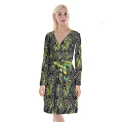 Tropical pattern Long Sleeve Velvet Front Wrap Dress