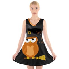 Halloween Orange Witch Owl V-neck Sleeveless Skater Dress by Valentinaart
