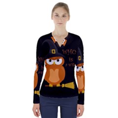 Halloween Orange Witch Owl V-neck Long Sleeve Top