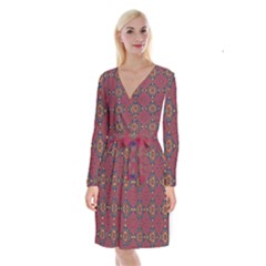 Oriental Pattern Long Sleeve Velvet Front Wrap Dress by ValentinaDesign