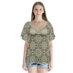 Oriental pattern V-Neck Flutter Sleeve Top