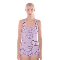 Cat Pattern Face Smile Cute Animals Beauty Boyleg Halter Swimsuit  by Mariart