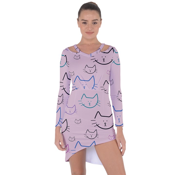 Cat Pattern Face Smile Cute Animals Beauty Asymmetric Cut-Out Shift Dress