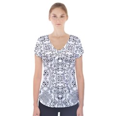 Black Psychedelic Pattern Short Sleeve Front Detail Top by Mariart