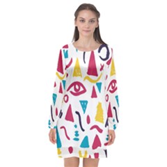 Eye Triangle Wave Chevron Red Yellow Blue Long Sleeve Chiffon Shift Dress 