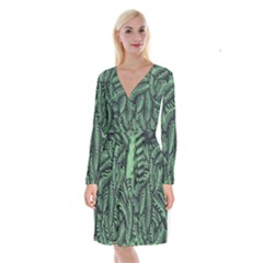 Coconut Leaves Summer Green Long Sleeve Velvet Front Wrap Dress