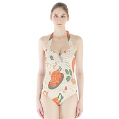 Happy Thanksgiving Chicken Bird Flower Floral Pumpkin Sunflower Halter Swimsuit by Mariart