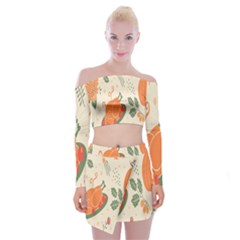 Happy Thanksgiving Chicken Bird Flower Floral Pumpkin Sunflower Off Shoulder Top With Skirt Set by Mariart