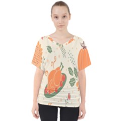 Happy Thanksgiving Chicken Bird Flower Floral Pumpkin Sunflower V-neck Dolman Drape Top by Mariart