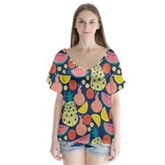 Fruit Pineapple Watermelon Orange Tomato Fruits V-neck Flutter Sleeve Top by Mariart