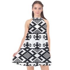 Model Traditional Draperie Line Black White Triangle Halter Neckline Chiffon Dress 