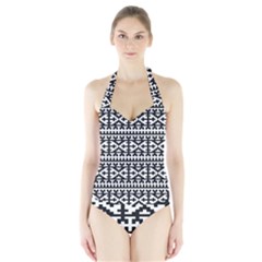 Model Traditional Draperie Line Black White Halter Swimsuit