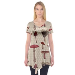 Mushroom Madness Red Grey Brown Polka Dots Short Sleeve Tunic  by Mariart