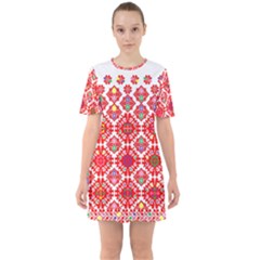 Plaid Red Star Flower Floral Fabric Sixties Short Sleeve Mini Dress