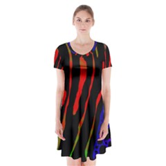 Frog Spectrum Polka Line Wave Rainbow Short Sleeve V-neck Flare Dress