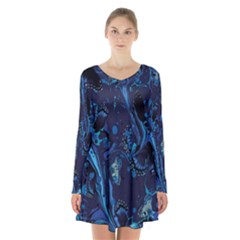 Pattern Butterfly Blue Stone Long Sleeve Velvet V-neck Dress