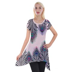 Peacock Feather Pattern Pink Love Heart Short Sleeve Side Drop Tunic