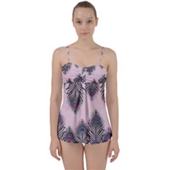 Peacock Feather Pattern Pink Love Heart Babydoll Tankini Set