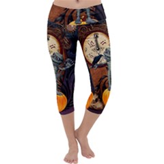 Funny Mummy With Skulls, Crow And Pumpkin Capri Yoga Leggings by FantasyWorld7