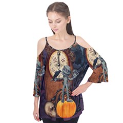Funny Mummy With Skulls, Crow And Pumpkin Flutter Tees