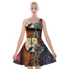 Funny Mummy With Skulls, Crow And Pumpkin Velvet Skater Dress by FantasyWorld7