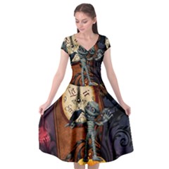 Funny Mummy With Skulls, Crow And Pumpkin Cap Sleeve Wrap Front Dress by FantasyWorld7