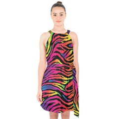 Rainbow Zebra Halter Collar Waist Tie Chiffon Dress