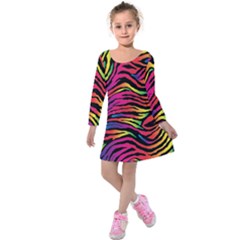 Rainbow Zebra Kids  Long Sleeve Velvet Dress