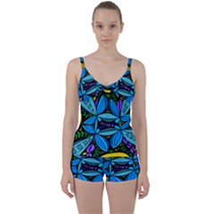 Star Polka Natural Blue Yellow Flower Floral Tie Front Two Piece Tankini